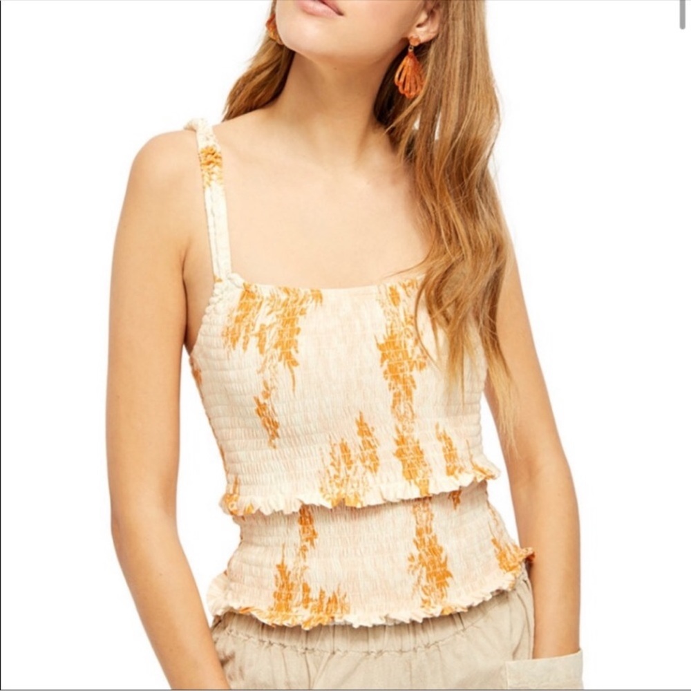 Free People Tank Top Hannah Smocked Floral Yellow & Gold NWT Women’s Size Medium